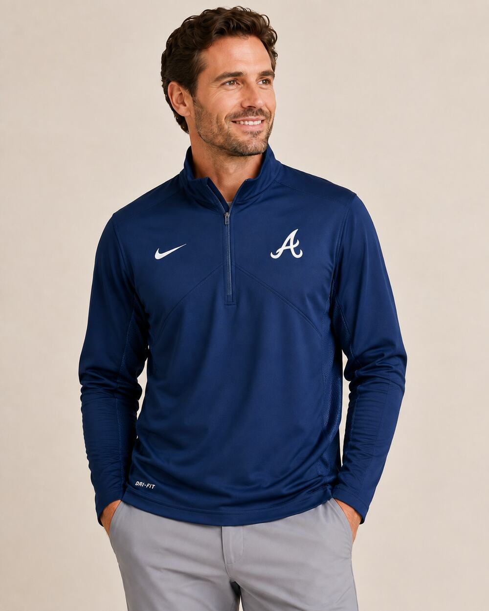 Nike Atlanta Braves Dri-FIT 3/4 Zip Pullover Navy Blue Medium